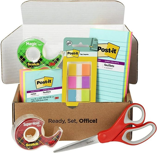 Scotch and Post-it Brand Office Essentials Kit, Business and Teacher Supplies Set with Post-it Super Sticky Notes, Scotch Super Hold Tape, Scotch Magic Tape, Post-it Flags, Sharp Scissors for Office