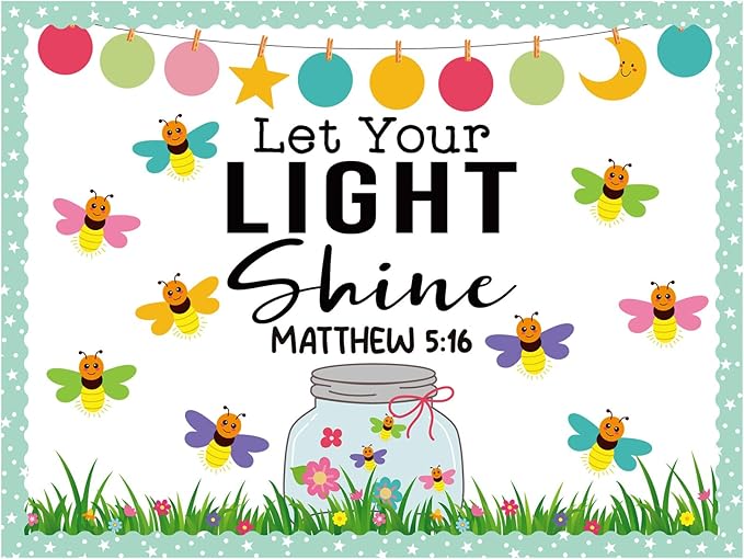 Kosiz 96 Pcs Let Your Light Shine Church Bulletin Board Religious Christian Classroom Bulletin Board Wall Decor Firefly Jar Cutouts for Sunday School Classroom Supplies Wall Decor