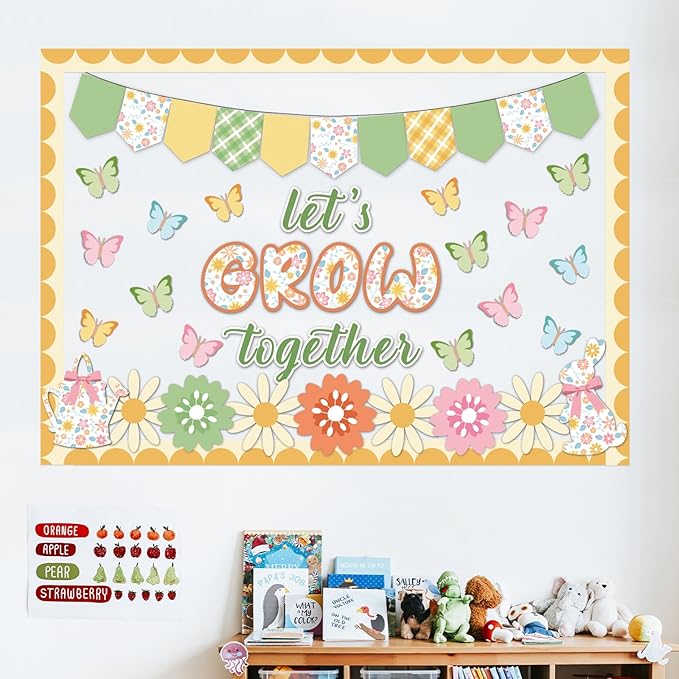 Spring Bulletin Board Decorations for Classroom - 66 Pcs Let's Grow Together Classroom Bulletin Board Set Butterfly Flower Cutouts for Spring Summer School Home Door Wall Decor Supplies