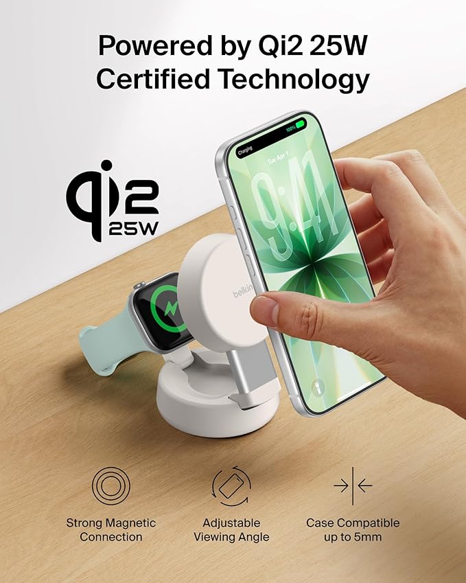 Belkin MagSafe Charger Compatible, 2-in-1 Wireless Charging Station, Qi2.2 25W Convertible Magnetic Charger for iPhone 17, Apple Watch Series 10, Google Pixel 10, and More (45W Adapter Included)