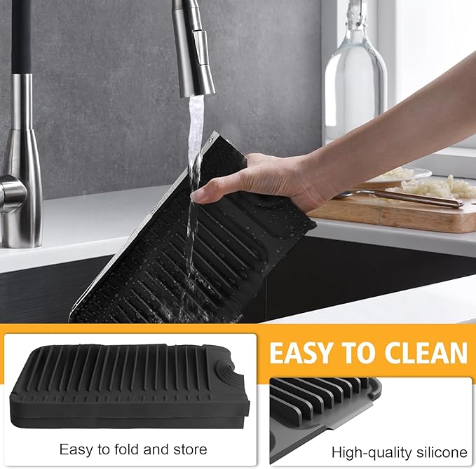 24-Inch Kitchen Sink Splash Guard Mat | 7° Slope for Fast Self-Draining | Snap-Lock Design | Universal & Cuttable Silicone Faucet Mat (Black)