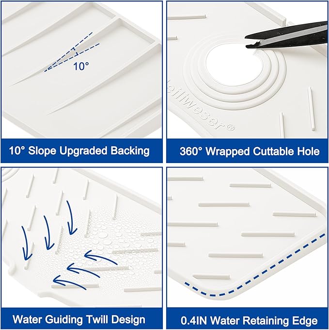 Meiliweser Faucet Mat for Kitchen Sink – 24” x 5.1” Extra-Long Silicone Splash Guard with 10° Slope & Upgraded Drainage – Gen 3 Sink Water Catcher & Sponge Holder for Kitchen, Bathroom (White)