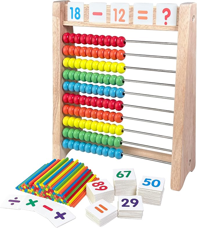 Wooden Abacus for Kids Math - 10 Row Bead Counting Frame with Counting Sticks & Number Alphabet Cards, Learn Counting, Educational Gift for Toddlers, Preschoolers - Ideal for Home, School & Daycare