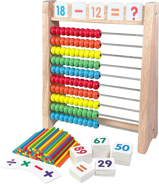 Wooden Abacus for Kids Math - 10 Row Bead Counting Frame with Counting Sticks & Number Alphabet Cards, Learn Counting, Educational Gift for Toddlers, Preschoolers - Ideal for Home, School & Daycare