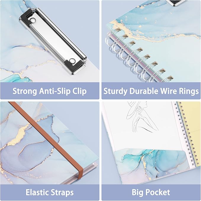 Rimilak Spiral Clipboard Folio with Refillable Lined Notepad, 14.5 x 9.8 In, Hardcover Cover with 5 Interior Pockets, Elastic Band and Pen Loop Series. Cute Stylish Clipfolio, Purple Marble
