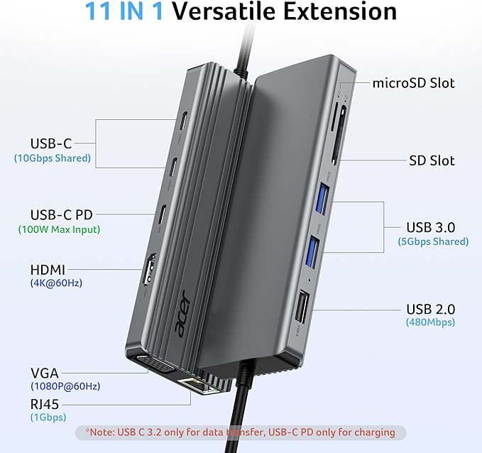 Acer 11 in 1 USB C HUB Multiport Adapter with 4K@60Hz HDMI, 2x10Gbps USB C, 2x5Gbps USB A, 100W PD Port, 1000Mbps Ethernet, 1080P VGA, SD/TF, Laptop Docking Station Dual Monitor for PC, Desktop