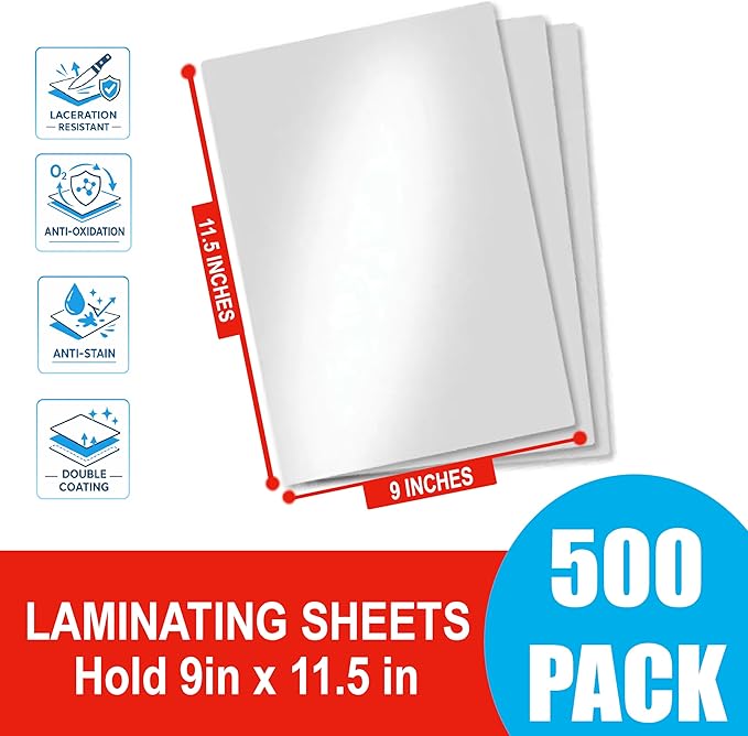5MIL Thermal Laminating Sheets (500 Count) 9x11.5 inch, Letter Size Dry-Erase Friendly Laminating Pouches, Compatible with Laminators, Crystal Clear Laminated Finish
