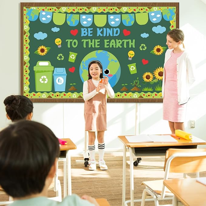 Earth Day Classroom Bulletin Board Set Environment Protection Classroom Decorations Spring Sunflower Grass Earth Paper Cutouts Educational Bulletin Board Borders for Elementary School Wall Door Decor