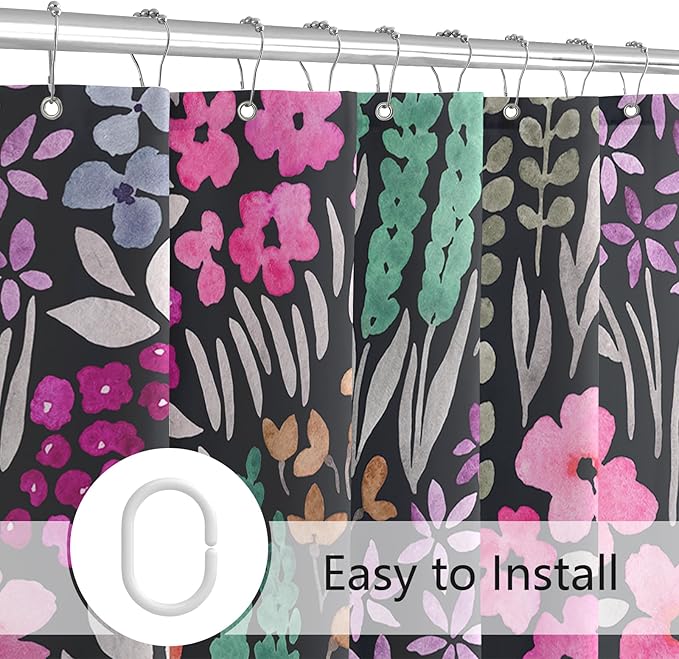 Black Floral Shower Curtain 60x72, Hot Pink Boho Flower Fabric Shower Curtain, Cute Funky Watercolor Wildflower Shower Curtain Set, Cottagecore Bohemian Bathroom Decor