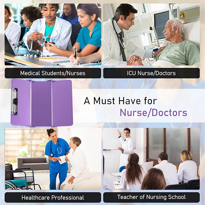 Nursing Clipboard Foldable, Foldable Clipboard w/Nursing Edition Medical Charts, 3 Layers Aluminum, Nurse Clip Board w/Low Profile Clip&Pen Clip for Students, Nurses and Doctors, Purple