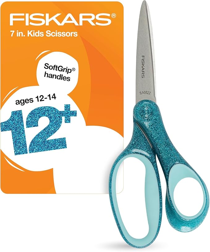 Fiskars 7" SoftGrip Student Glitter Scissors for Kids 12+ - Scissors for School or Crafting - Back to School Supplies - Turquoise Glitter (Pack of 1)