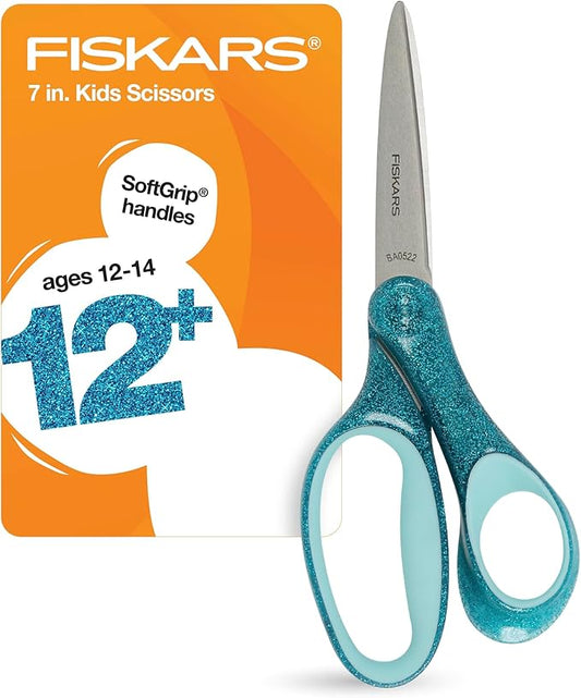 Fiskars 7" SoftGrip Student Glitter Scissors for Kids 12+ - Scissors for School or Crafting - Back to School Supplies - Turquoise Glitter (Pack of 1)