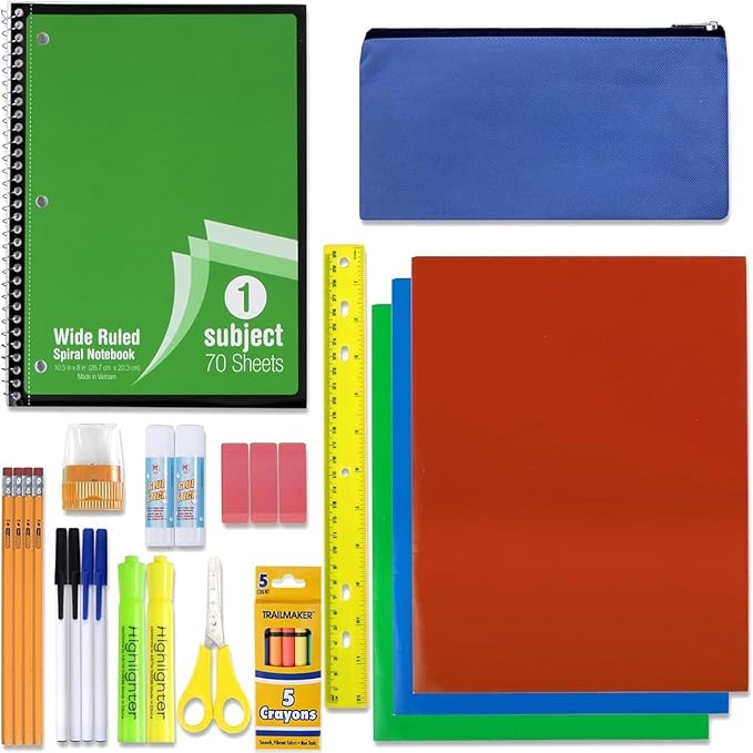 School Supplies Kit for Girls, Boys Back to School Supplies Bundle Pack 30 Piece School Supply Box Set for Kids Kindergarten, Elementary K-8 Includes Notebook, Folders, Pens, Pencils, and More