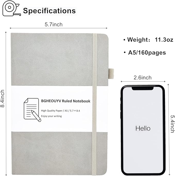Notebook Journal, College Ruled Notebook Lined A5 160 Pages,Hard Cover Journals for Writing, Notebooks for Work Office School Women Men,5.7 inches x 8.4 inches(Light Grey)