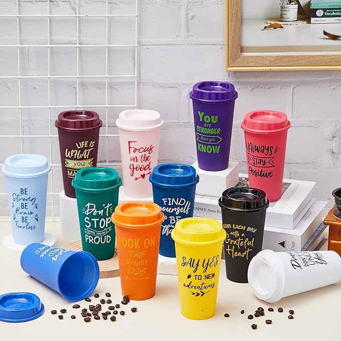 24 Pcs Inspirational Gifts for Employee Coworkers Staff Teammate, 16oz Reusable Plastic Coffee Cups with Positive Sayings, Bundle Gifts for Woman Man Coworker (Bright Color,Inspirational)
