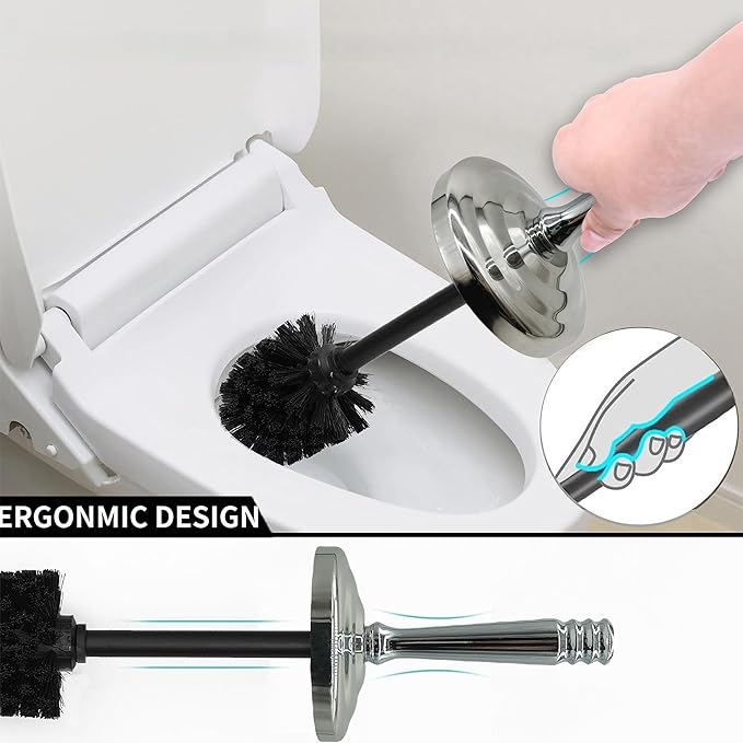 Silver Chrome Toilet Bowl Brush with Holder with Removable lastic Liner, Durable Bathroom Cleaning Tool, Bathroom Cleaner Brush for Efficient Cleaning and Hygiene
