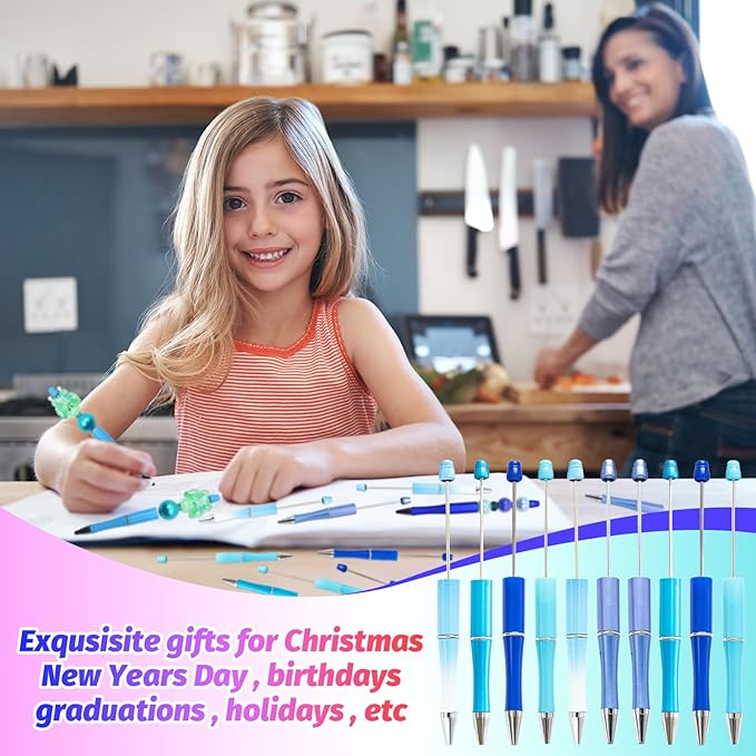 150 Pieces DIY Beadable Pen Kit – 50 Plastic Ballpoint Pens with Refills & Bags – School Supplies, Office Accessories & Decorative Items for Students & Teachers (Blue)