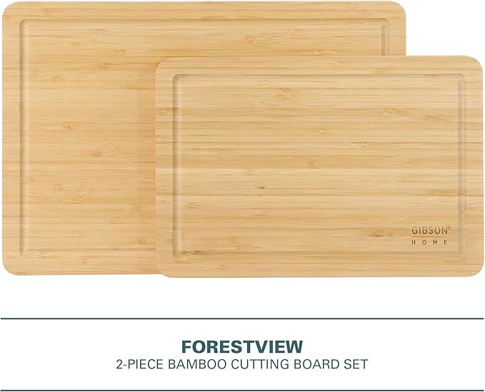 Gibson Home Forestview 2-Piece Bamboo Cutting Board Set – 15" & 12" Wooden Durable Kitchen Chopping Carving Boards with Juice Grooves, Oil Finished
