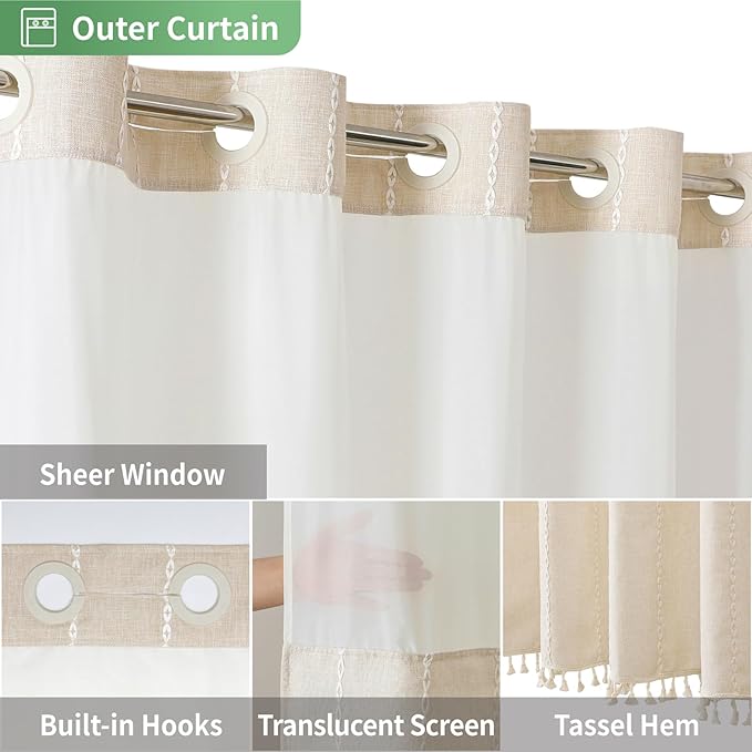 No Hook Stall Shower Curtain with Snap-in Fabric Liner - 54x80 Heavy-Duty Linen Textured Striped Design,Narrow Rustic Modern Farmhouse Bohemian Bathroom Curtain,Water-Repellent,Cream/Beige