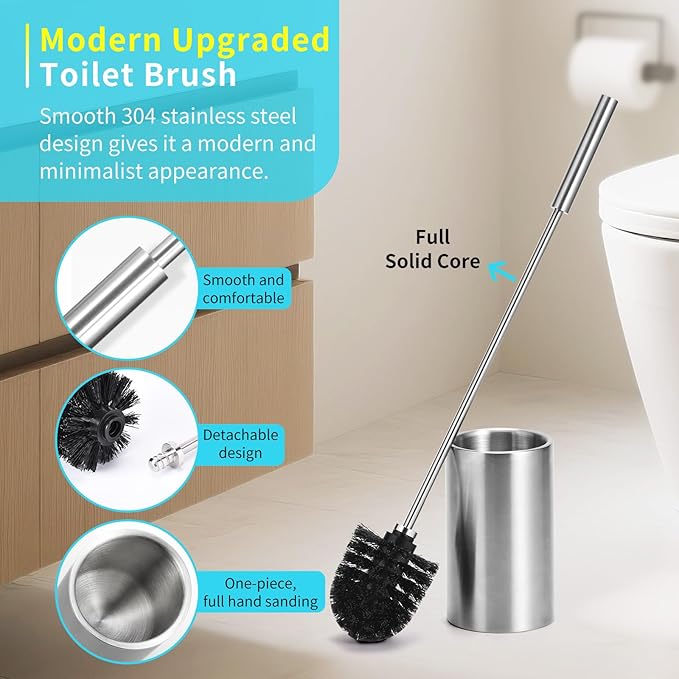 Toilet Bowl Brush and Holder Solid Long Handle Toilet Brush for Bathroom with Heavy Duty 304 Stainless Steel Base and 2 Brush Heads for Domestic Deep Cleaning Under Rims (Silver 1)