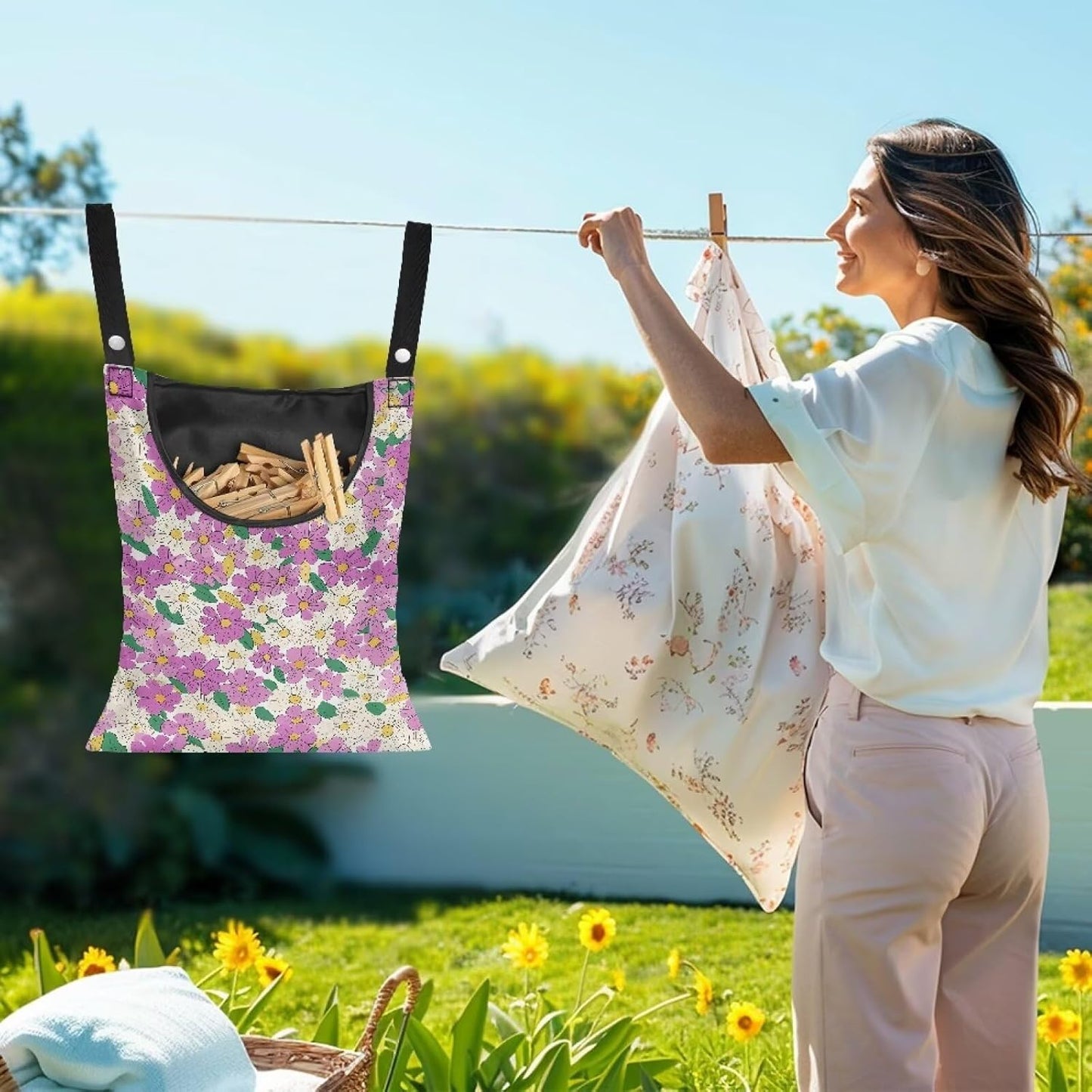 2 Pcs Hippie Flowers Clothes Pin Bag Clothespin Bag Holder 14.5 X 12 Inch Clothes Pin Hanging Bag for Clothesline Outdoor Outside Wardrobe and Laundry Room