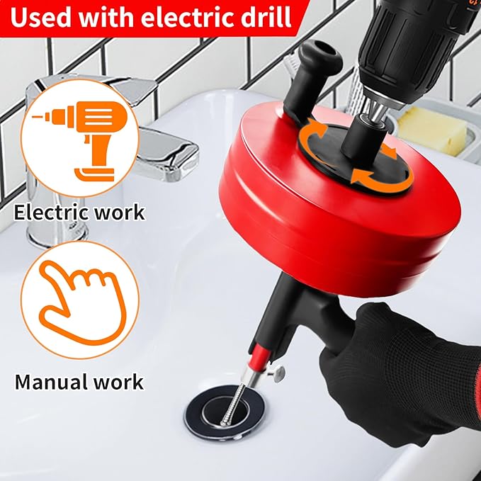 50 Ft Plumbing Snake Tools, Drain Snake with Drill Attachment, Double Mode Drain Auger for Shower, Sink, Bathrom and Kitchen, w/Gloves and Storage Bag
