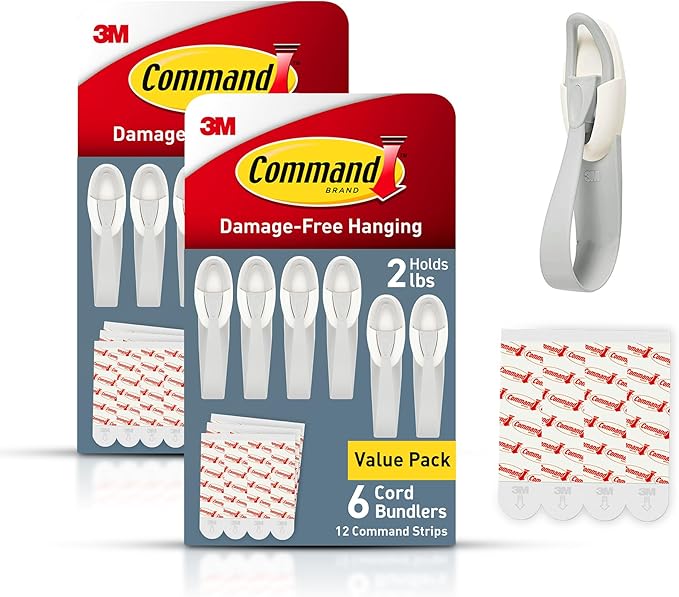 Command Cord Bundlers, Damage-Free Hanging Cord Organizer, No Tools Required for Hanging Electrical Cables, 12 Gray Bundlers and 24 Command Strips