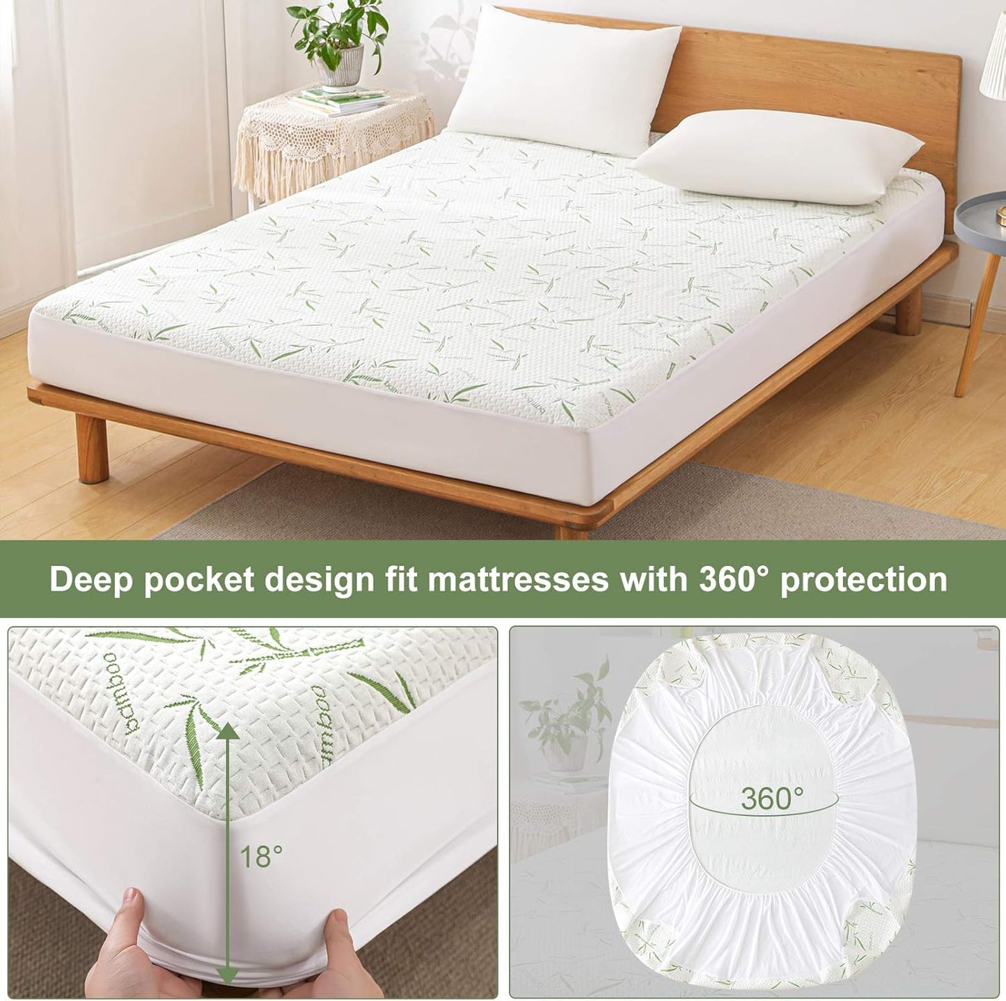 California King Mattress Protector Waterproof Mattress Pad Washable Bamboo Rayon Mattress Cover Breathable Noiseless Bed Protector 5" - 21'' Elastic Fitted Deep Pocket