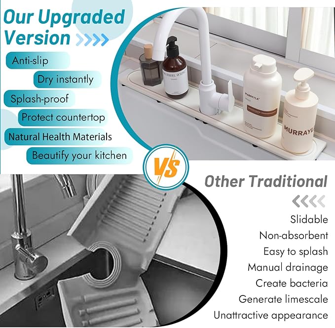 Faucet Mat for Kitchen Sink with Raised Feet, Fast Drying Diatomite Stone Sink Tray, Water Absorbent Faucet & Sink Splash Guard, Prevents Moisture Buildup, Durable Protector for Bathroom Counter