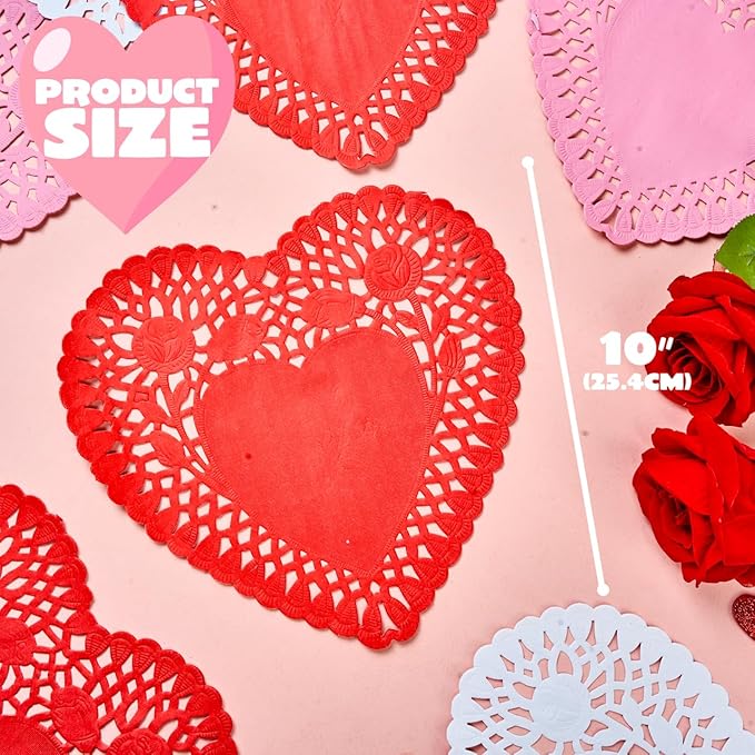 JOYIN 102 PCS 10" Valentines Day Heart Doilies, Tableware Decoration, Home Activitie, Kitchen Disposable Table Crafts, Red White Pink Heart Doilies