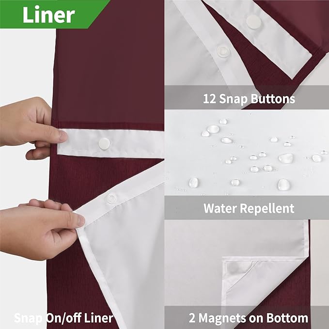 Long No Hooks Needed Linen Textured Shower Curtain with Snap-in Fabric Liner Set,Hotel Luxury Decor Shower Curtains for Bathroom,Waterproof & Washable,71Wx80H,Burgundy