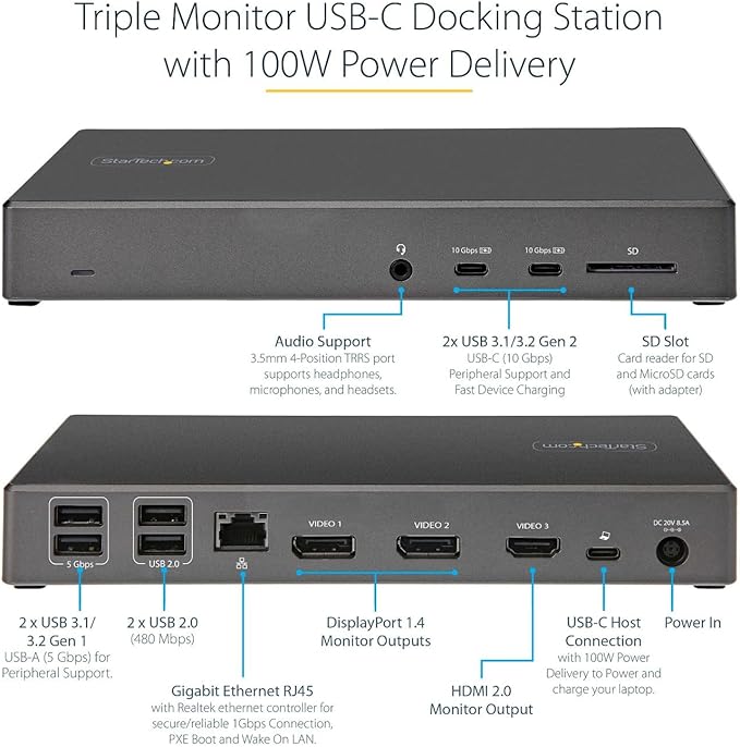 StarTech.com USB C Triple 4K Monitor Docking Station - 100W Power Delivery - DP 1.4 Alt Mode & DSC, 2 DisplayPort/HDMI 2.0-6 USB (2 at 10Gbps), SD - Windows/Chrome (DK31C2DHSPD) - Black & Space Gray