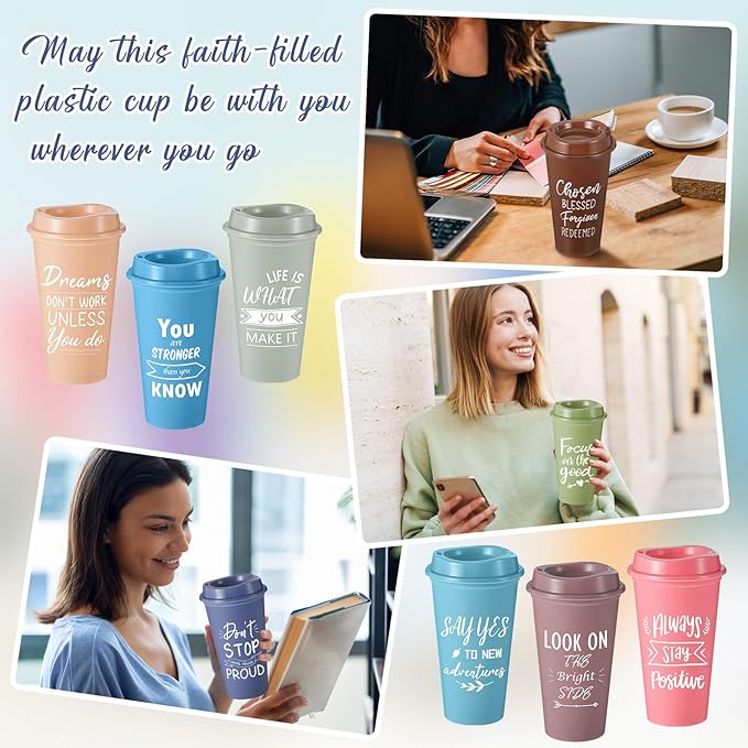 24 Pcs Inspirational Gifts for Employee Coworkers Staff Teammate, 16oz Reusable Plastic Coffee Cups with Positive Sayings, Bundle Gifts for Woman Man Coworker (Morandi Color,Inspirational)