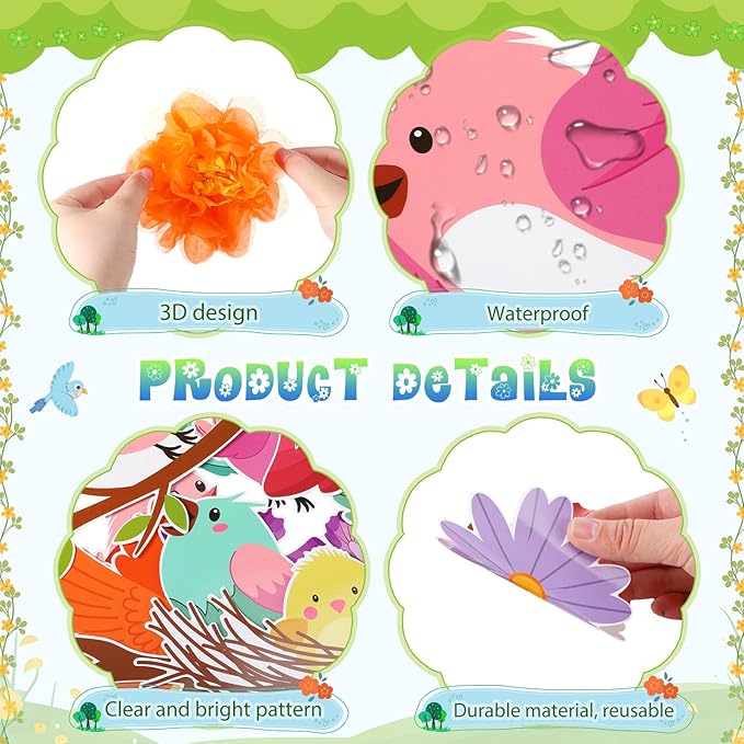 Blosssound 82 Pcs We're Flying into Spring Bulletin Board Set Spring Floral Bird Cutouts with 3D Tissue Paper Pompoms Colorful Bird Classroom Decorations for School Home Decor Supplies