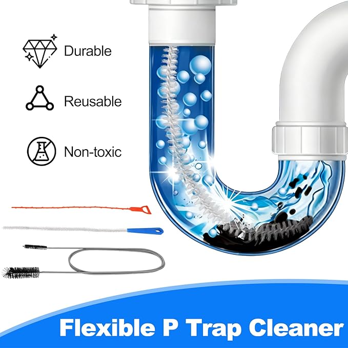 P Trap Cleaner,3 IN 1 P Trap Brush for Shower Kitchen Sink Bath Tub Bathroom,Including 20 Inch Snake Clog Remover,61 Inch Flexible Wire Brush,18 Incn All Bristle Brush