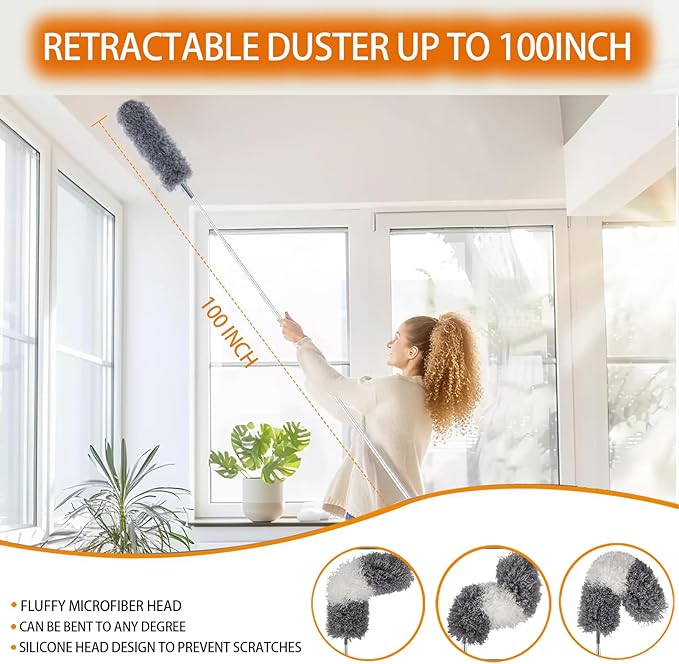 Microfiber Feather Duster Kit, 9PCS Dusters for Cleaning with 100-inch Extendable Pole, Bendable Reusable Washable Cobweb Duster for High Ceilings and Fans, Blinds, Cars and Furniture