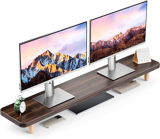 Dual Monitor Stand Riser, 39 Inch Extra Long Wooden Desktop Monitor Riser with Storage for 2 Monitors Ultra Strong Desk Shelf Organizer Riser Ergonomic for 2 Screens/Laptop/PC/TV/Printer, Dark Walnut