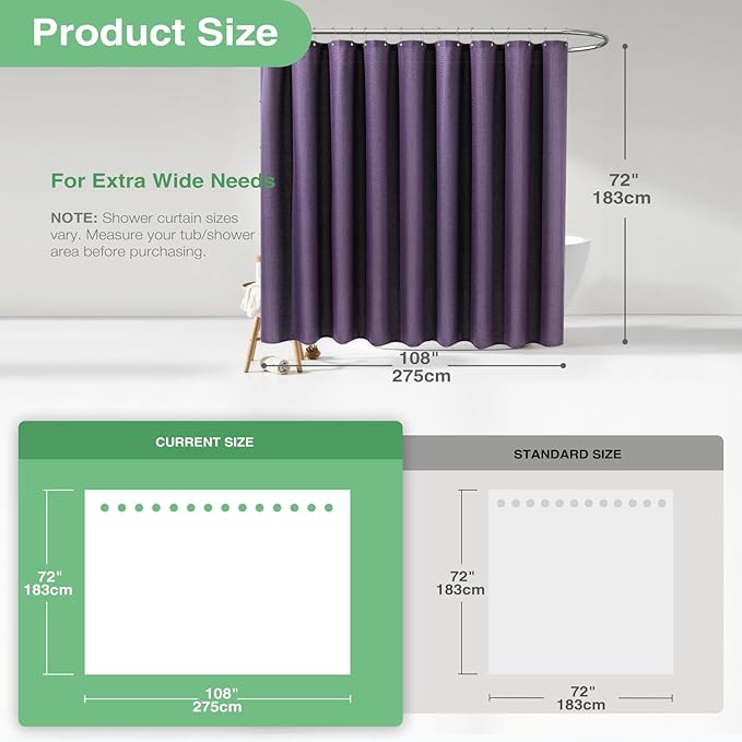 Dynamene Extra Wide Shower Curtain - 108 Inch Wide Waffle Weave Weighted Thick Cloth Bathroom Shower Curtain, Neutral Heavy Duty Hotel Bath Curtain Set with 18 Plastic Hooks,108x72, Purple