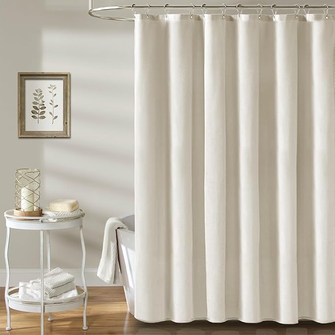BTTN Long Fabric Shower Curtain - 72x80 Inch Linen Textured Heavy Duty Polyester Cloth Shower Curtain Set with 12 Plastic Hook, Hotel Luxury Waterproof Modern Shower Curtains for Bathroom, Light Cream
