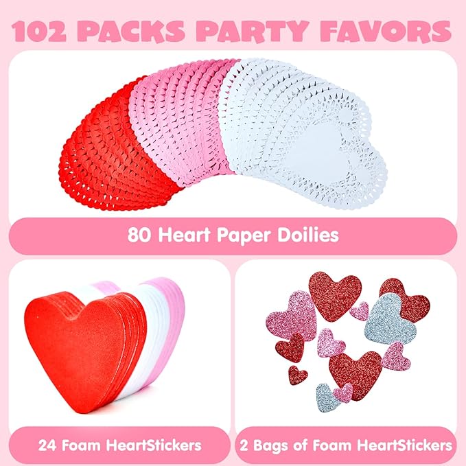 JOYIN 102 PCS Valentines Day Glitter and Foam Heart Doilies, Tableware Decoration, Home Activitie, Red White Pink Heart Doilies, Kitchen Disposable Table Crafts