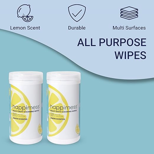 happimess WPE1002A-2SET All-Purpose Cleaning Wipes, Heavy Duty Multi-Surface Household Wipes for Kitchen and Bathroom, Fresh Lemon Scent, 100 Count, Pack of 2
