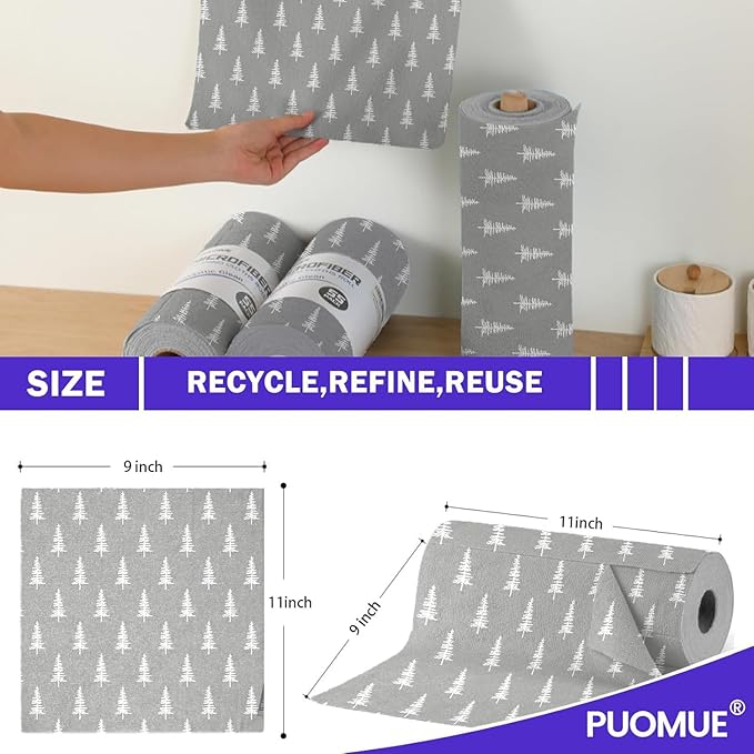 55 Pack Microfiber Christmas Cleaning Cloth Roll, Tear Away Reusable Towels, 11" X 9", Ultra Absorbent & Lint Free Microfiber Cloth for Cleaning Cars, Kitchen, and Window, Christmas Tree