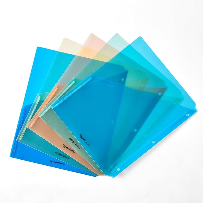 Amazon Basics Binder Organizer, Plastic Document Folders, File Jacket, 3-Hole Punch, 9.3 x 11.2 inches, Assorted Colors, 25-Pack