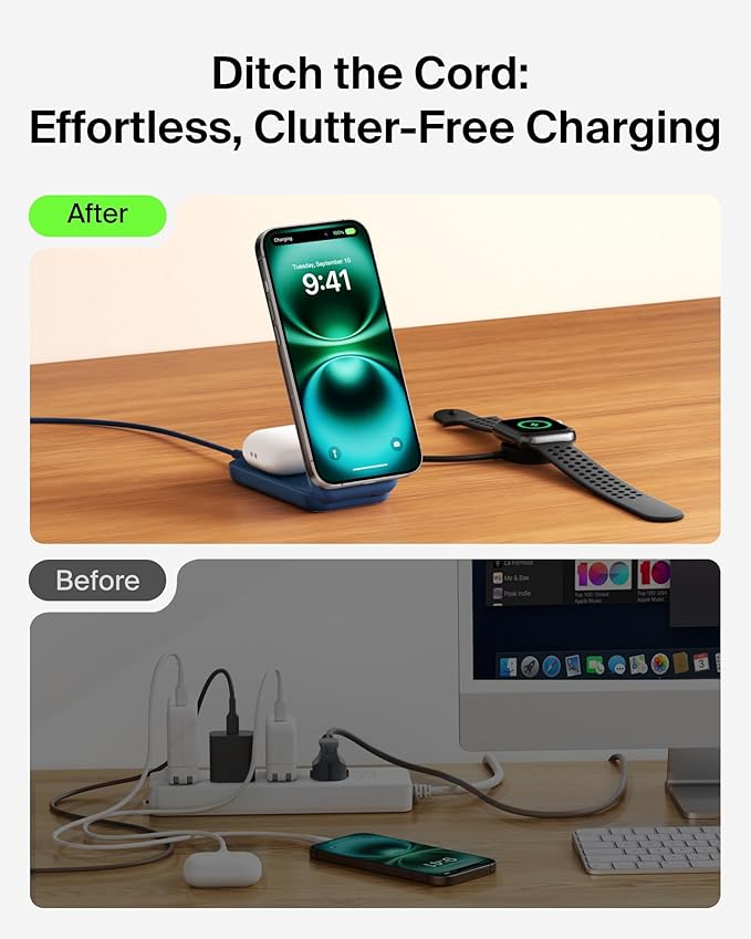 Belkin MagSafe Charger Compatible, 2-in-1 Charging Station, Qi2.2 25W Magnetic Wireless Charger Dock, Foldable Stand, with 5W USB-C Port, for iPhone 17/16/15, Pixel 10, AirPods (45W Adapter Included)