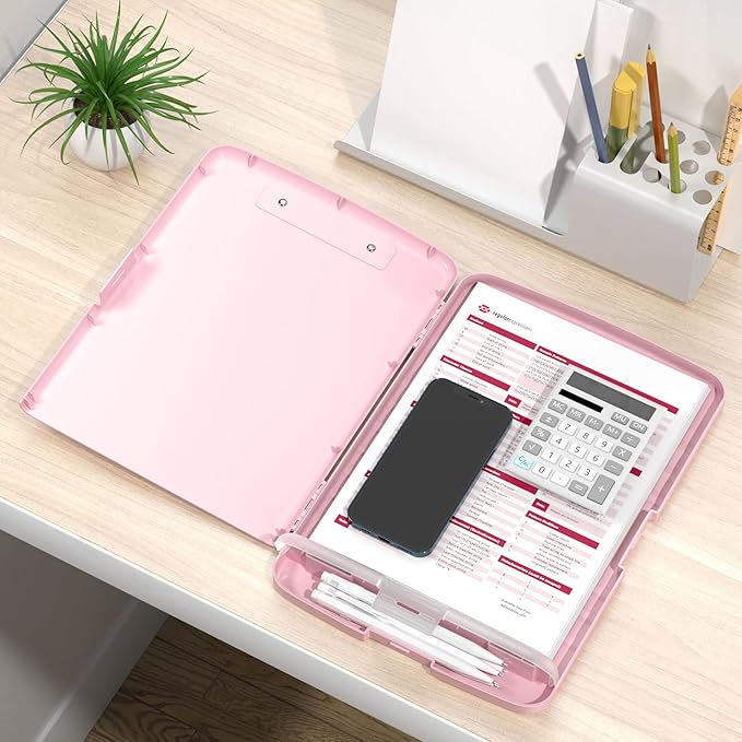 Rimilak Plastic Clipboard with Storage, 8.5 x 11″ High Capacity Folio Nursing Case with Pen Holder, Size 14.2 x 9.6 x 1.2″ Folder Side-Opening for Classroom, Teacher, Student, Smooth Writing, Pink