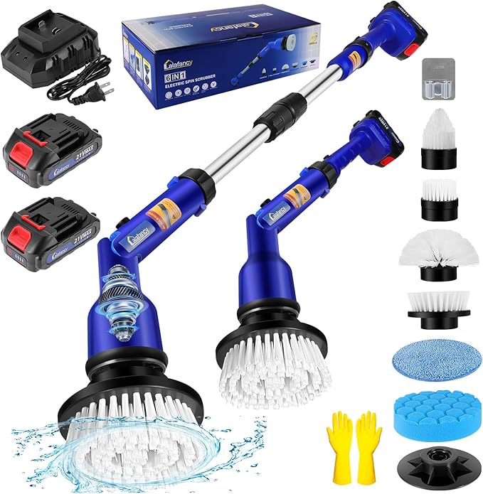 Lalafancy Bathroom Scrubber Electric with 2 Batteries, 1000RPM Cordless Spin Scrubber with 6 Replaceable Heads, Power Shower Cleaning Brush for Shower, Tile, Sink, Window, Floor, Tub, Grout