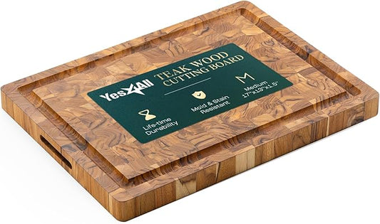 Yes4All Medium End Grain Teak Cutting Board for Kitchen, 17''L x 13''W x 1.5” Thick, Durable Wood with Juice Grooves, Pre-Oiled, Easy Grip Handles, Essential Kitchen Utensils Set