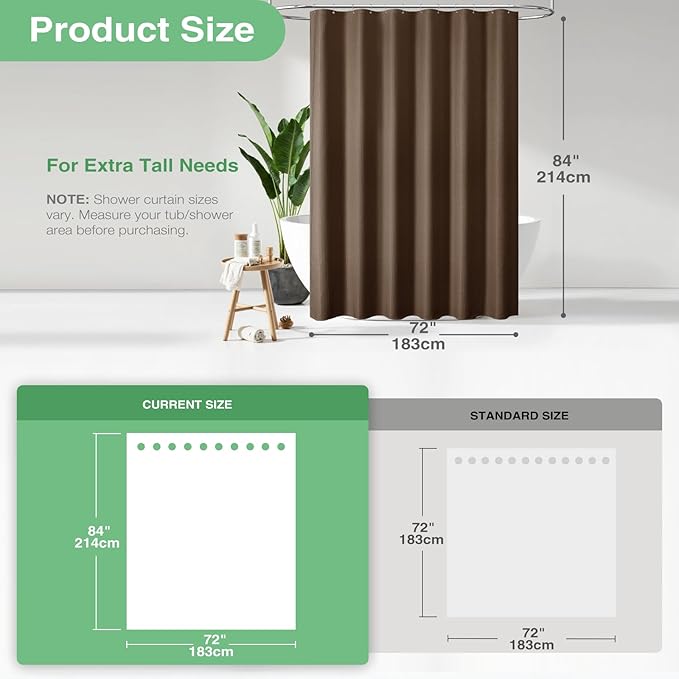 Dynamene Extra Long Shower Curtain - 84 Inch Long Brown Waffle Weave Heavy Duty Fabric Bathroom Shower Curtain, Neutral Weighted Hotel Thick Bath Curtain Set with 12 Plastic Hooks,72x84, Brown