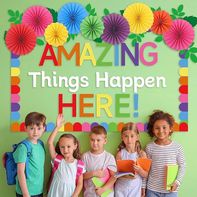 Classroom Bulletin Board Decorations with 3D Paper Fans Inspirational Amazing Things Happen Here Bulletin Board Set for Back to School Motivational Office Home Wall Door Chalkboard Decor