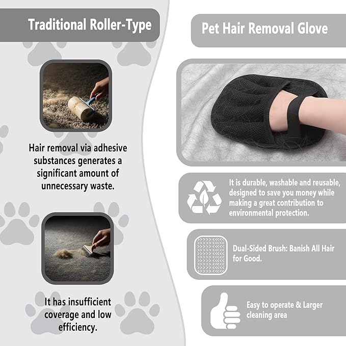 Pet Hair Removal Glove for Dogs & Cats, Five-Finger Electrostatic Glove for Clothes, Couch,Carpets, Car Seat, Individually Wrapped 1 Pack Black, L